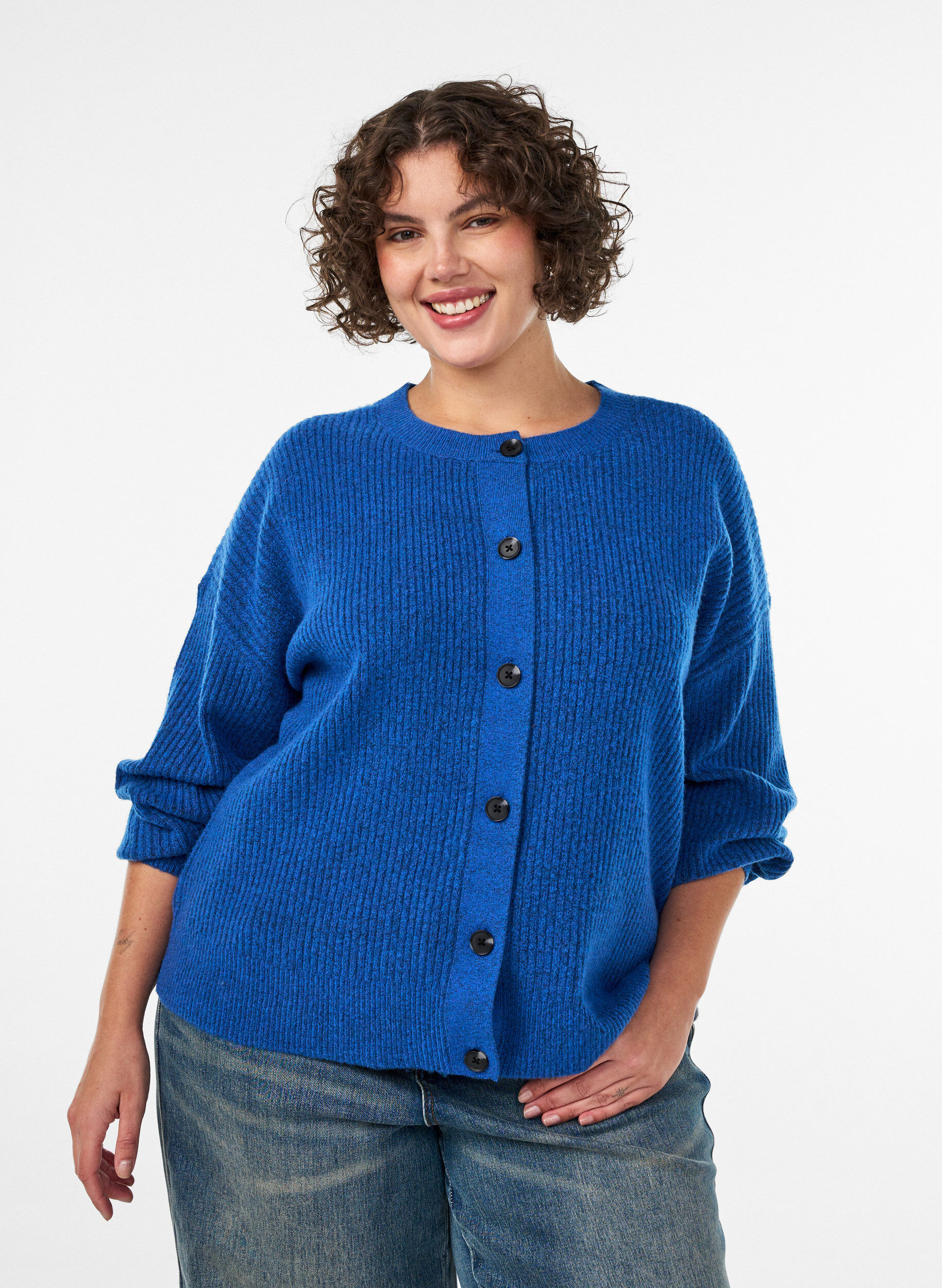 ZizzifashionRib knit cardigan with buttons, Blue, Model image number 0
