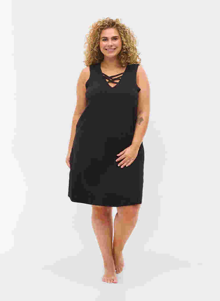 Sleeveless night dress with v-neck and cord detail  , Black, Model image number 2
