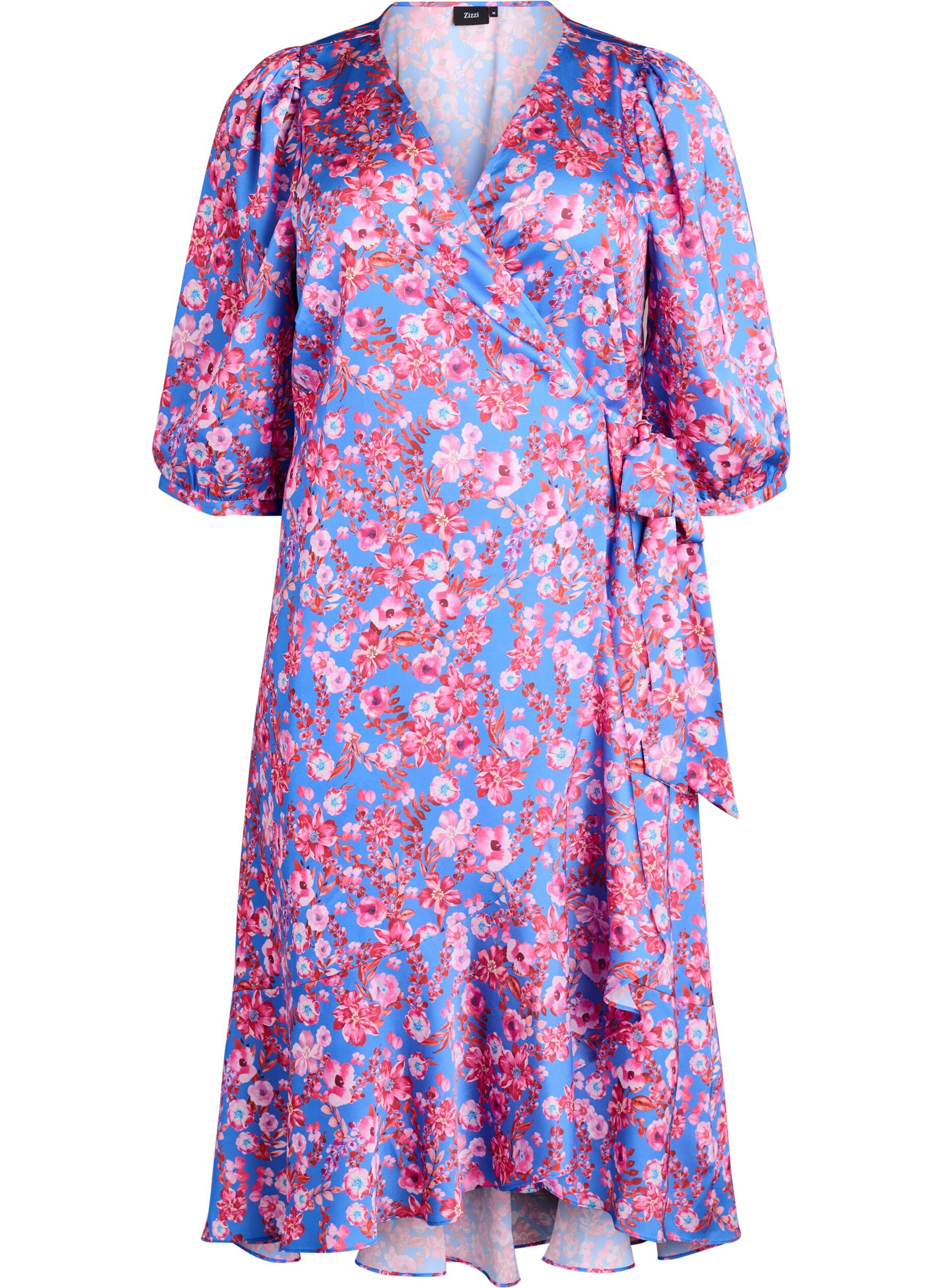 Zizzifashion Floral wrap dress with 3/4 sleeves, Blue, Packshot image number 0