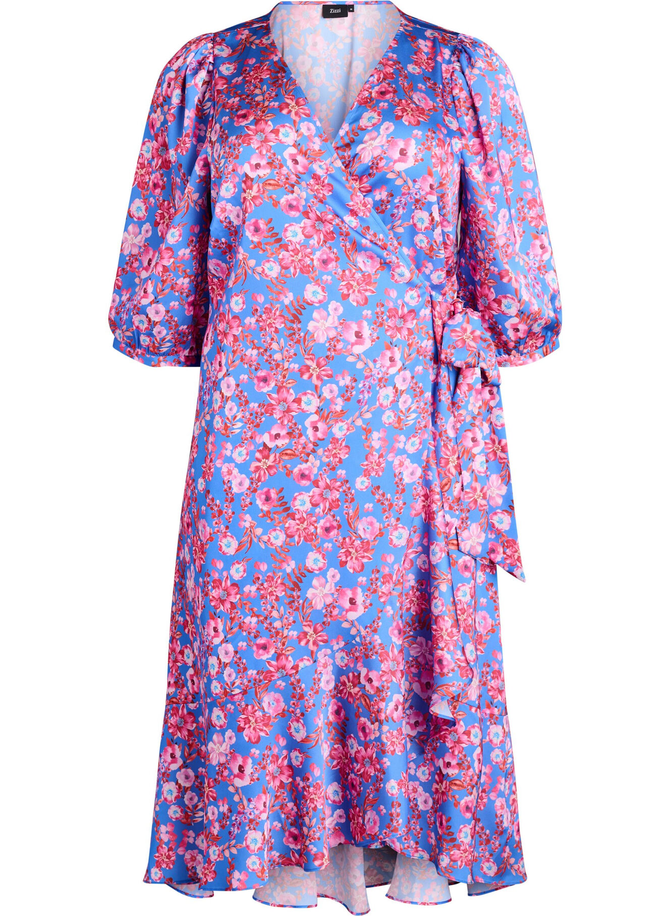 Floral wrap dress with 3/4 sleeves - Blue - Sz. 40-64 - Zizzifashion Floral wrap dress with 3/4 sleeves - Blue - Sz. 40-64 - Zizzifashion