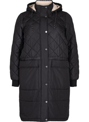 Quilted jacket with hood and adjustable waist, Black, Packshot image number 0