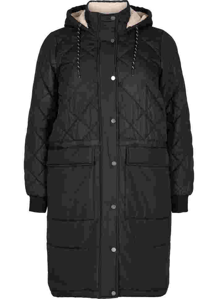 Quilted jacket with hood and adjustable waist, Black, Packshot image number 0