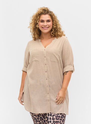Long shirt with 3/4 sleeves and v-neckline, Simply Taupe, Model image number 0