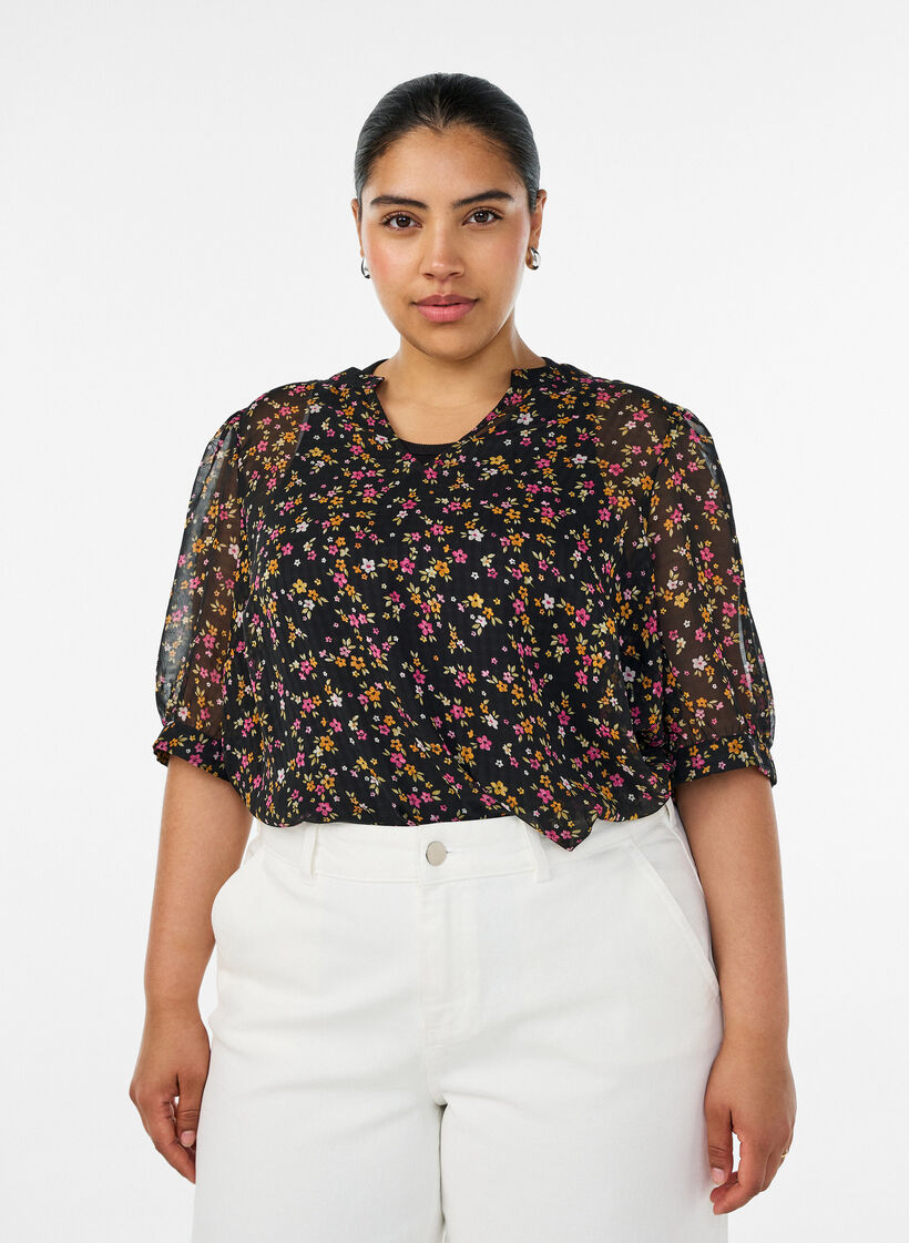Blouse with floral print and V-neck, Black, Model image number 0