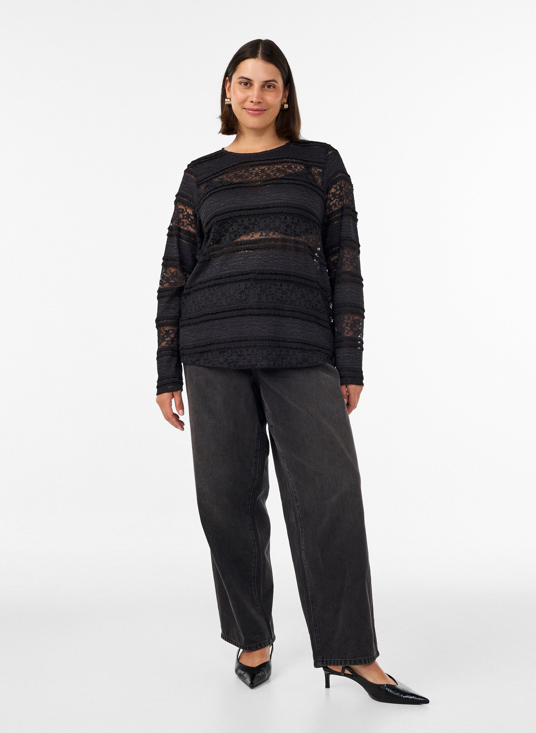 ZizzifashionLace blouse with long sleeves, Black, Model image number 1