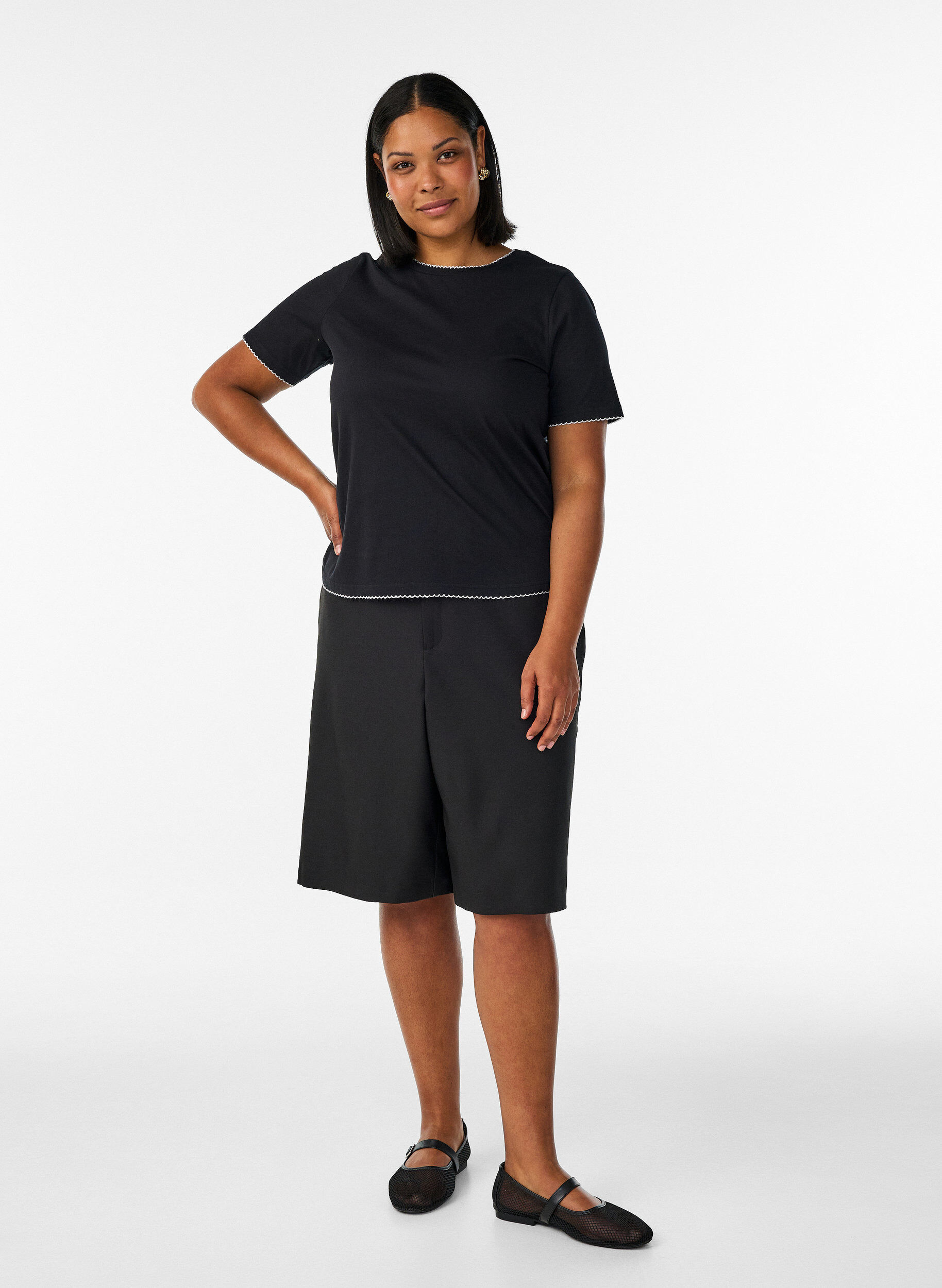 ZizzifashionCotton T-shirt with wavy contrasting edges, Black, Model image number 1