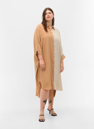 Viscose shirt dress with 3/4 sleeves and colour-block, Praline, Model image number 2