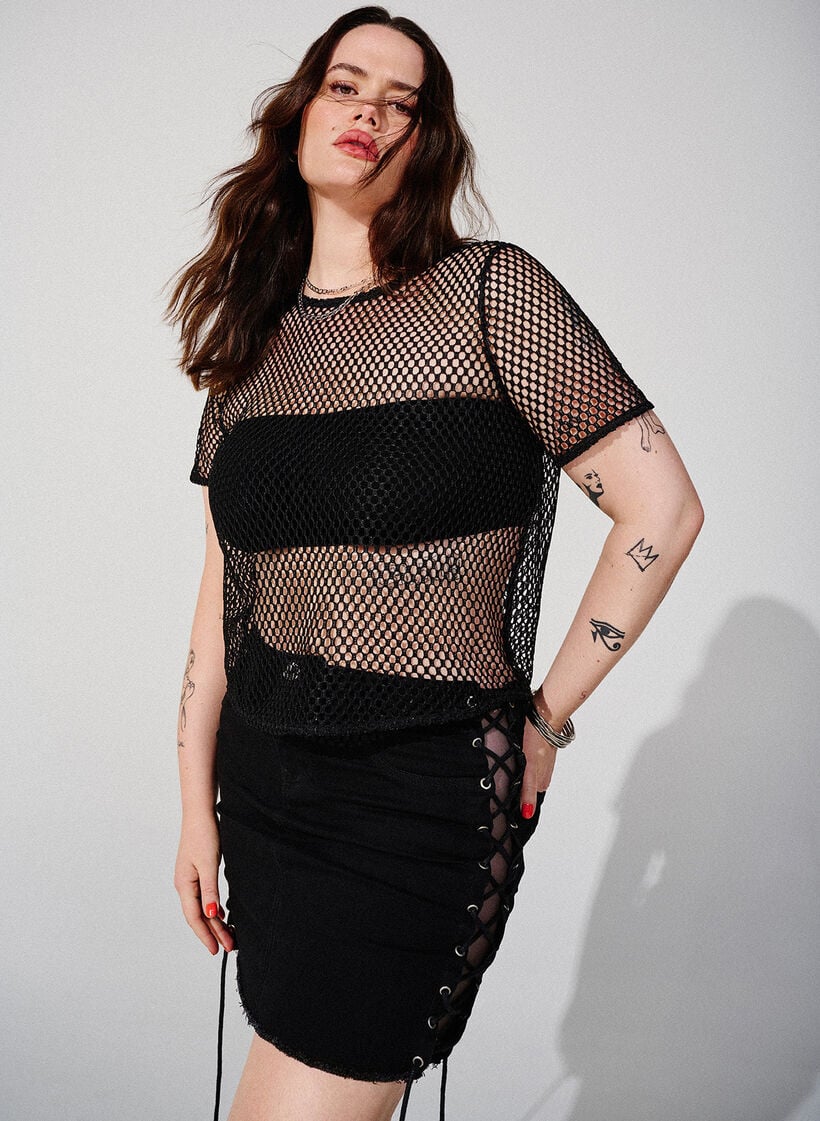 Mesh blouse with short sleeves, Black, Image