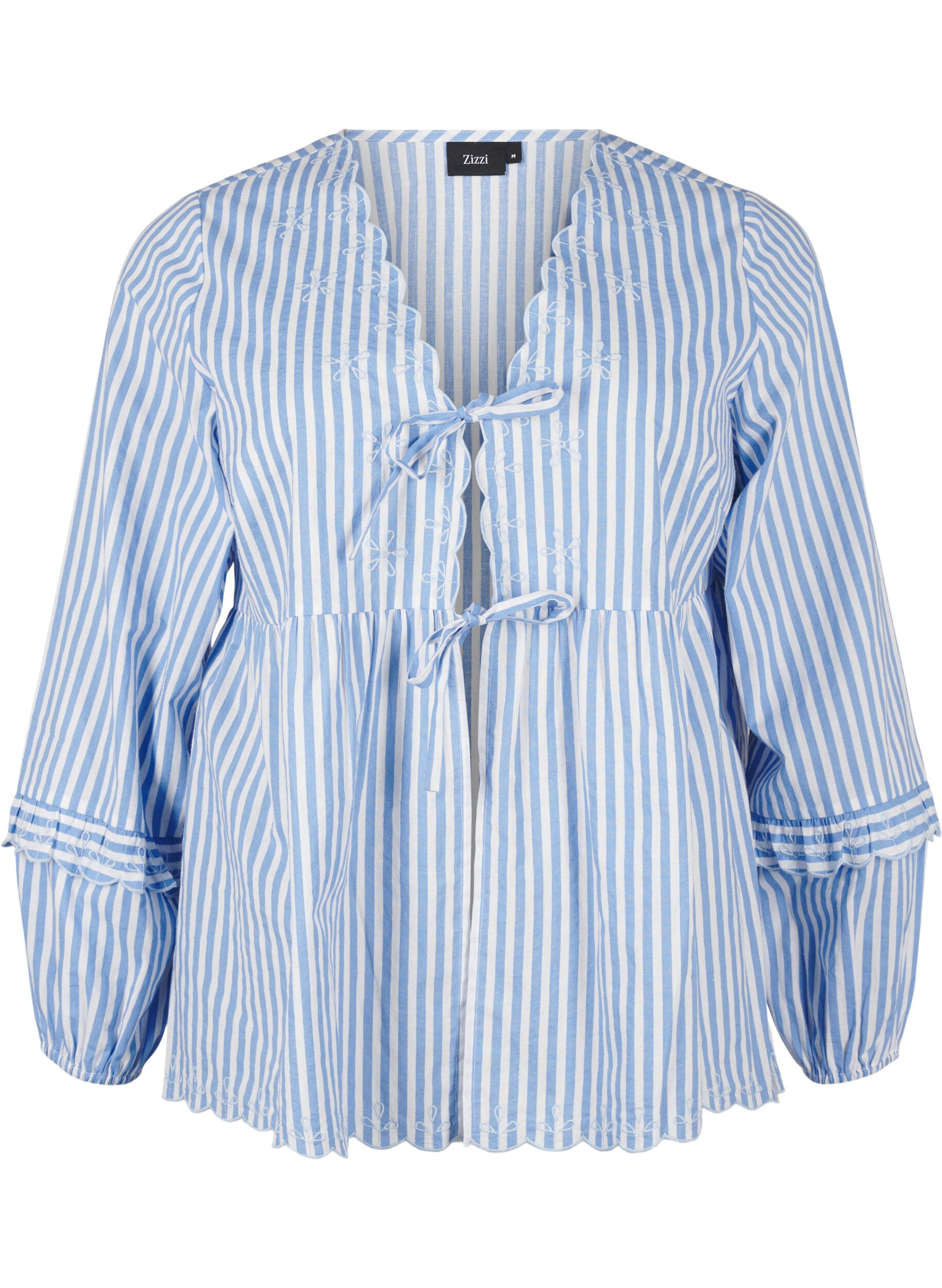 Zizzifashion Striped blouse with open front and embroidery details, Light Blue, Packshot image number 0