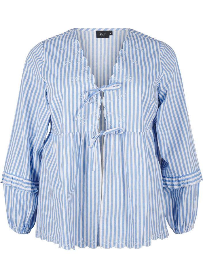 Striped blouse with open front and embroidery details, Light Blue, Packshot image number 0