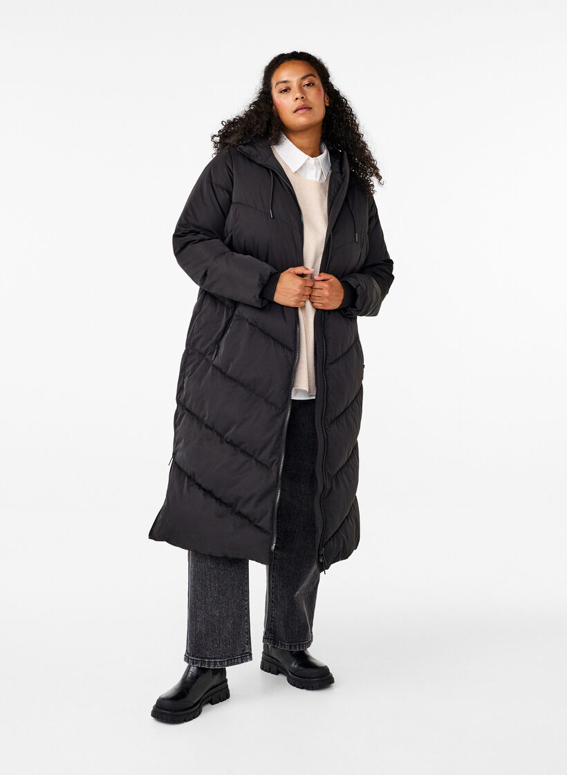 Long puffer coat with hood and pockets, Black, Model image number 1
