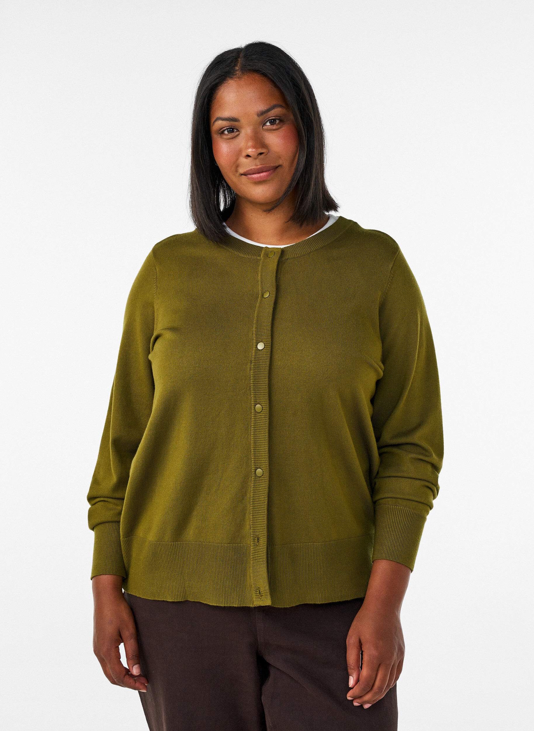 Knitted cardigan with round neck and buttons, Green, Model