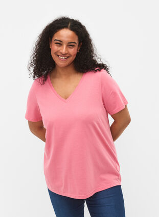Short sleeve t-shirt with v-neckline, Bubblegum Pink, Model image number 0