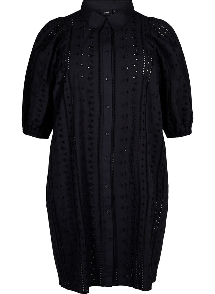 Cotton shirt dress with broderie anglaise, Black, Packshot image number 0
