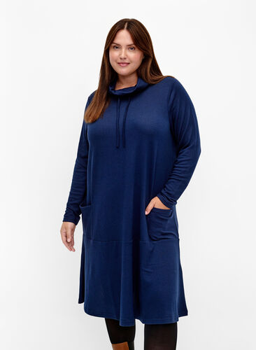 Jersey dress with high neck and pockets, Dress Blues Mel., Model image number 0