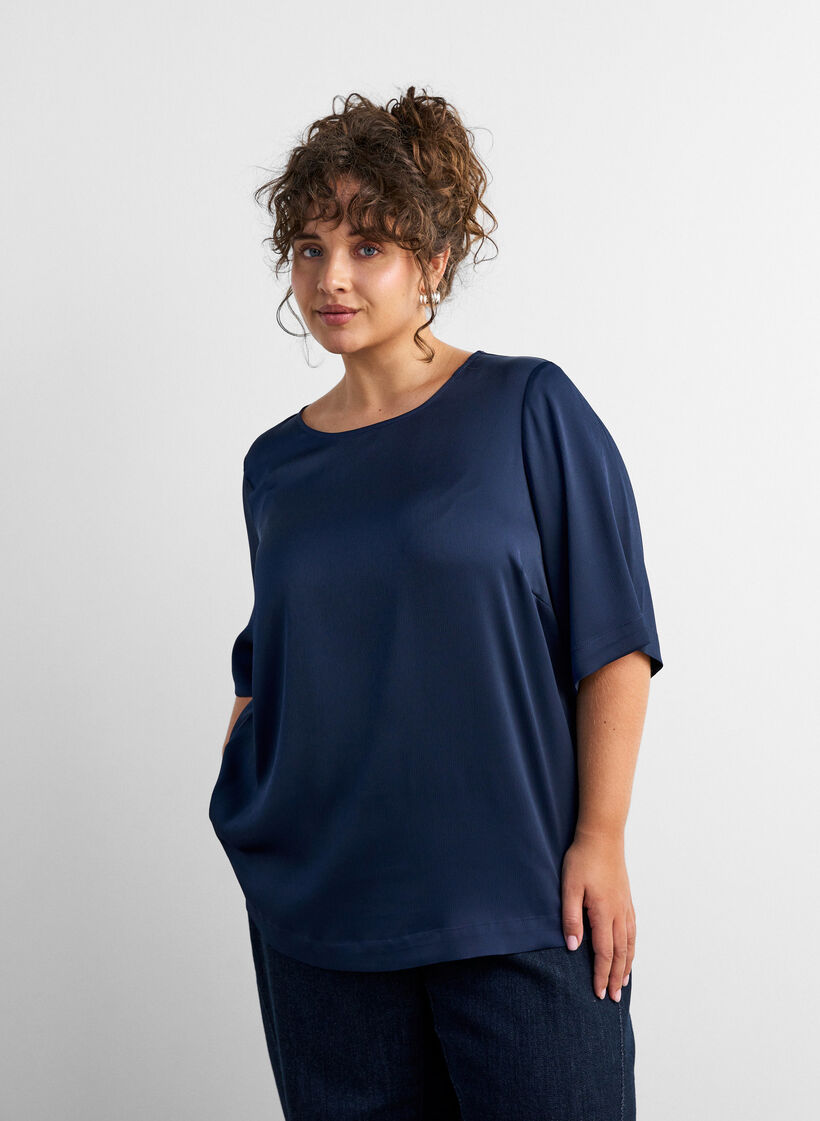 Satin blouse with elbow-length sleeves, Blue, Model image number 0