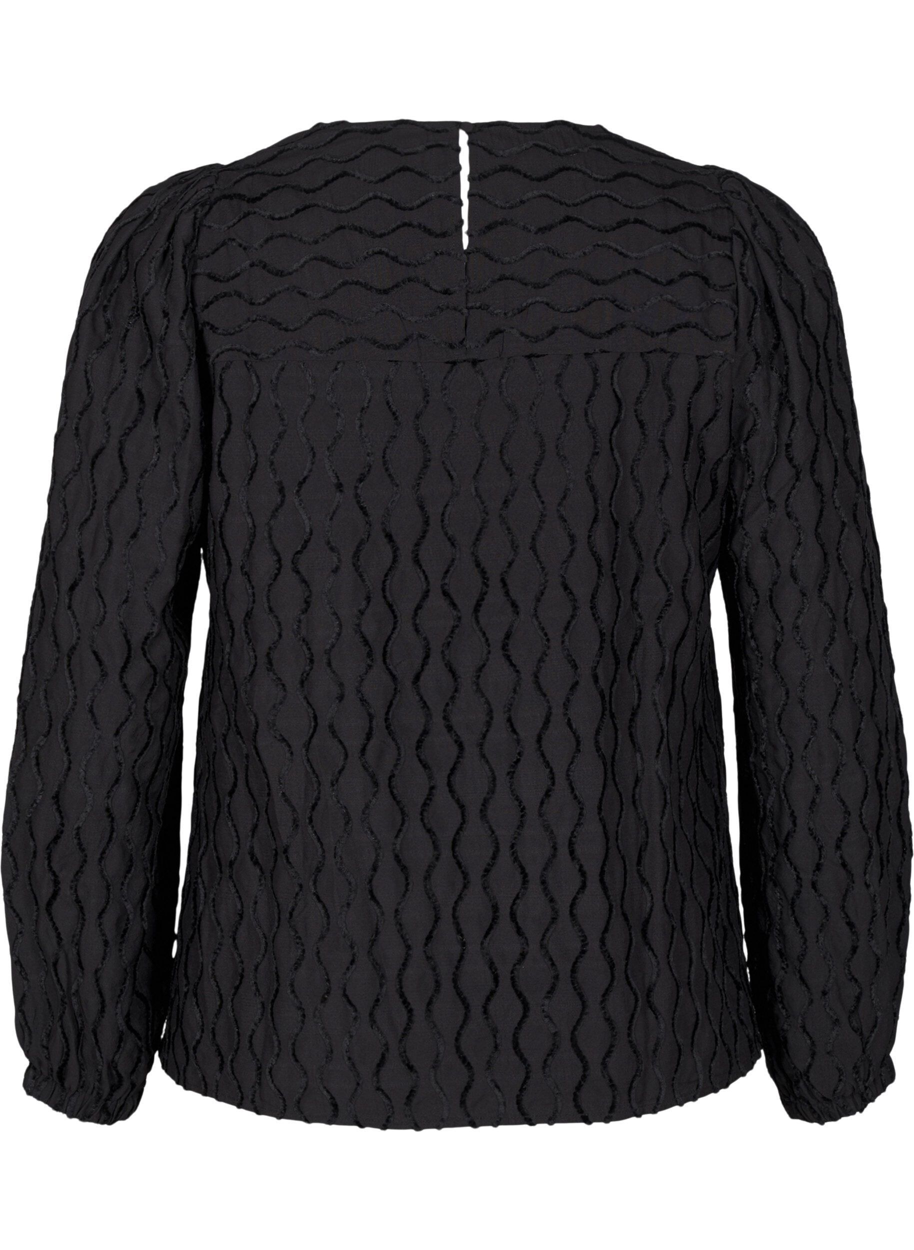 Zizzifashion Long-sleeved patterned blouse with a V-neck, Black, Packshot image number 1