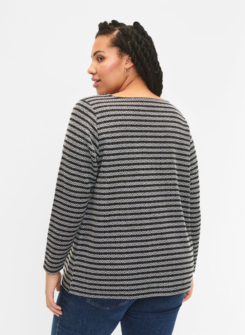 Round neck blouse with striped pattern, Black Stripe, Model image number 1