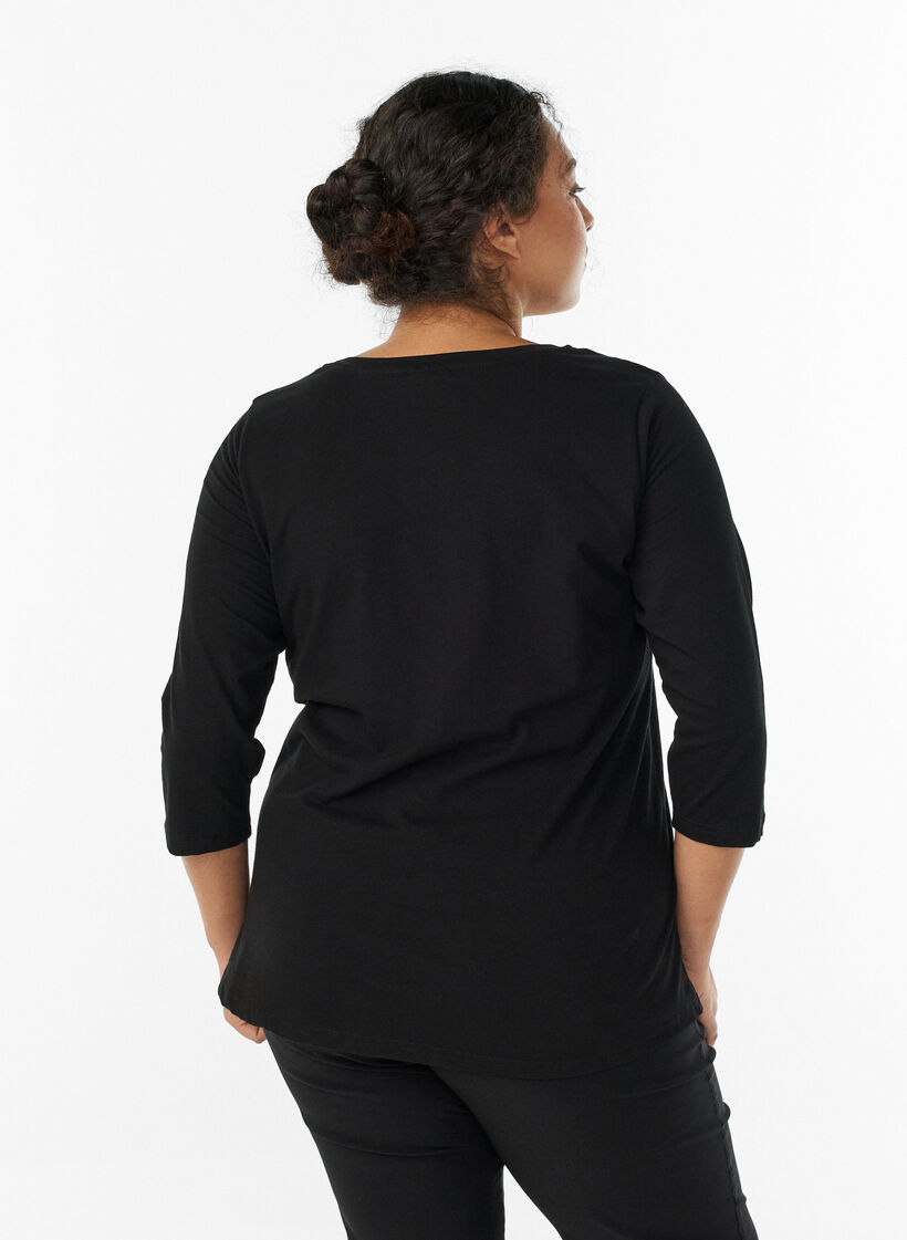 Basic cotton t-shirt with 3/4 sleeves, Black, Model image number 2