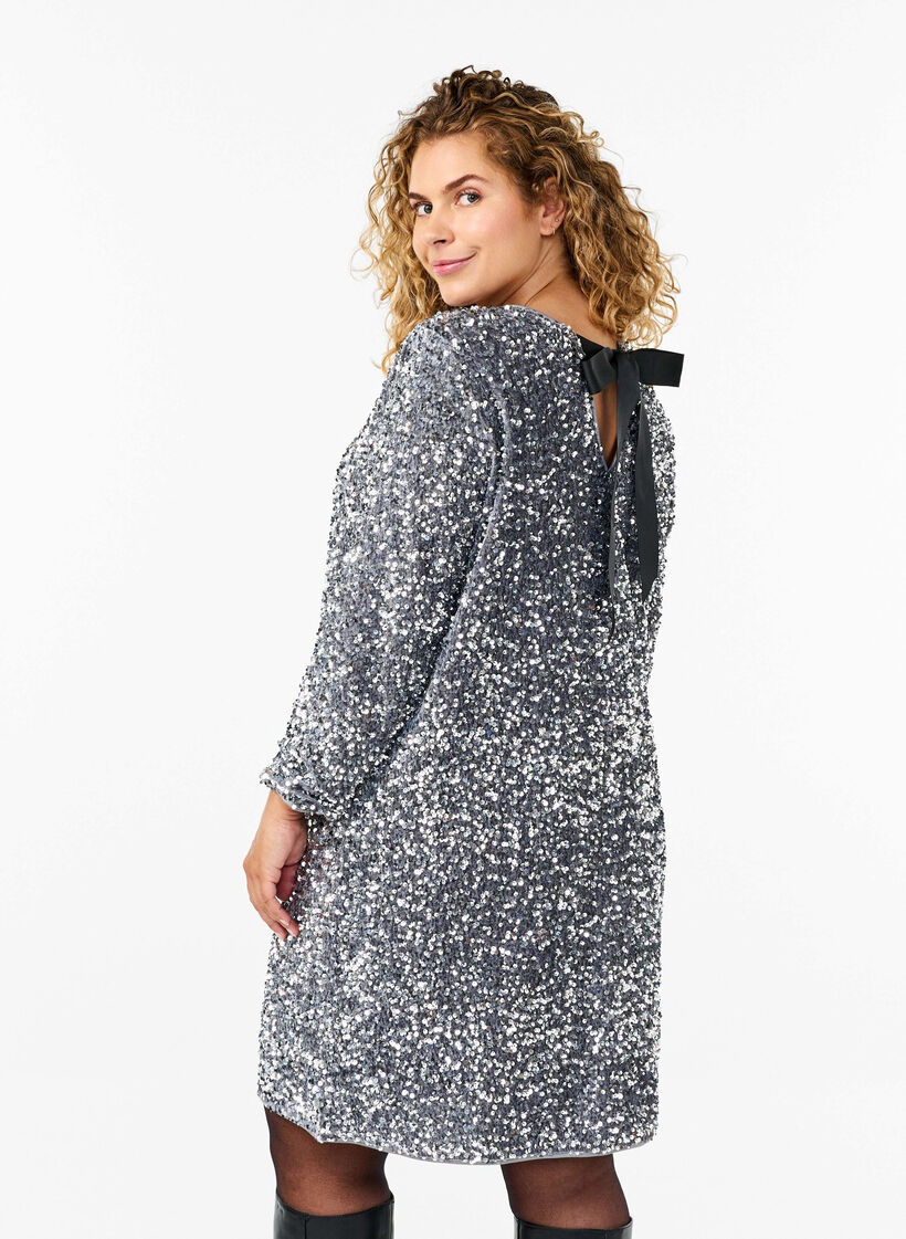 Sequin dress with bow detail, Silver, Model image number 1