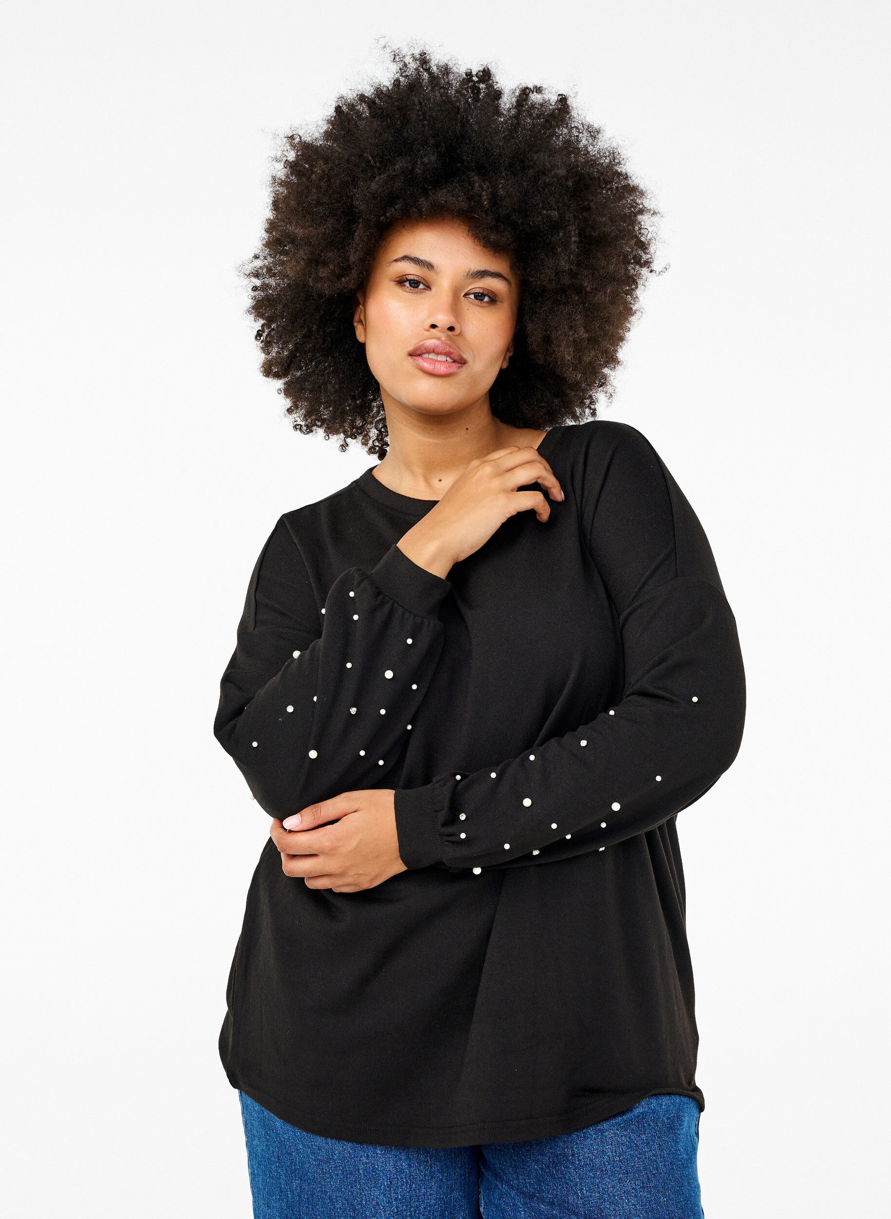 Zizzifashion Solid coloured blouse with pearls, Black, Model image number 0