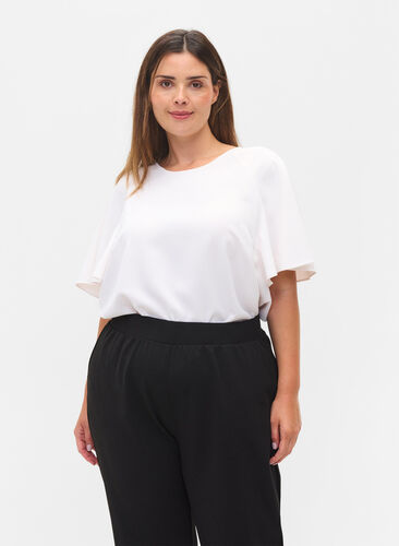 Short-sleeved blouse with rounded neckline, Bright White, Model image number 0