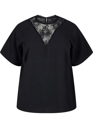 Short-sleeved blouse with lace , Black, Packshot image number 0