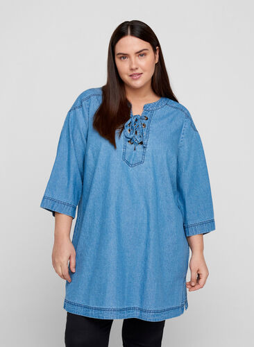 Denim tunic with 3/4 sleeves, Light blue denim ASS, Model image number 0
