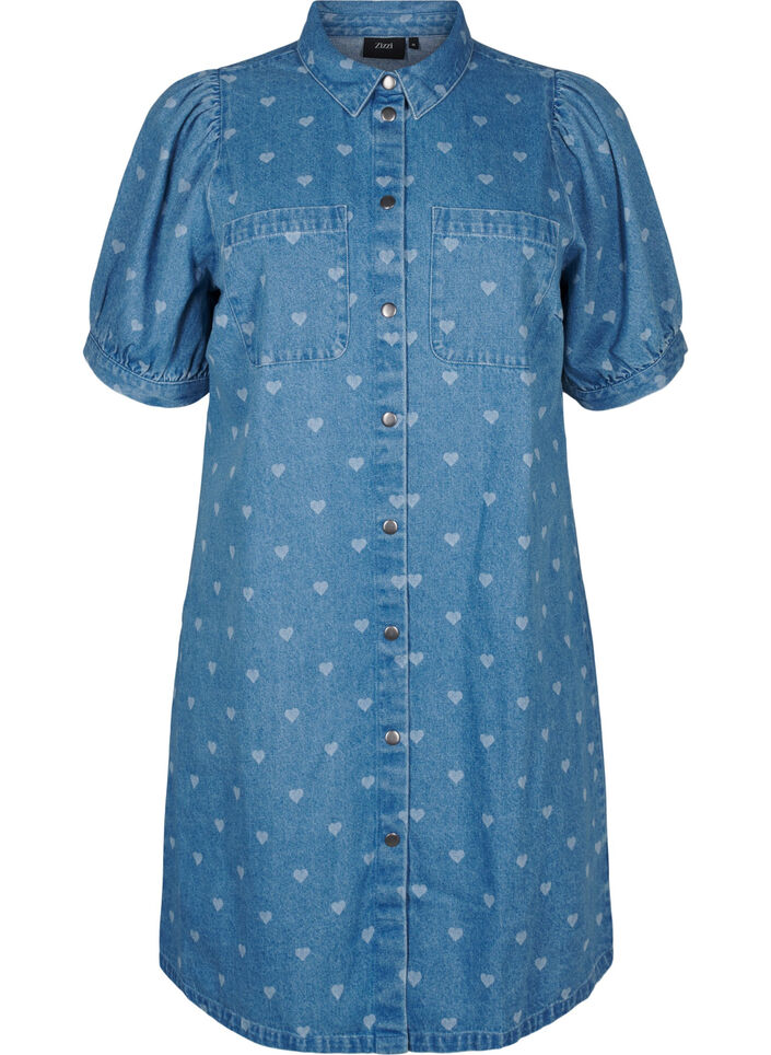 Short-sleeved denim dress with heart print, L. Blue D. w. Heart, Packshot image number 0