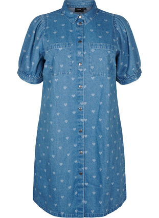 Short-sleeved denim dress with heart print - Light Blue - Sz. 40-64 - Zizzifashion Short-sleeved denim dress with heart print - Light Blue - Sz. 40-64 - Zizzifashion