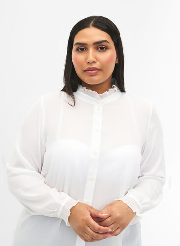 Shirt blouse with ruffle details, Bright White, Model image number 3
