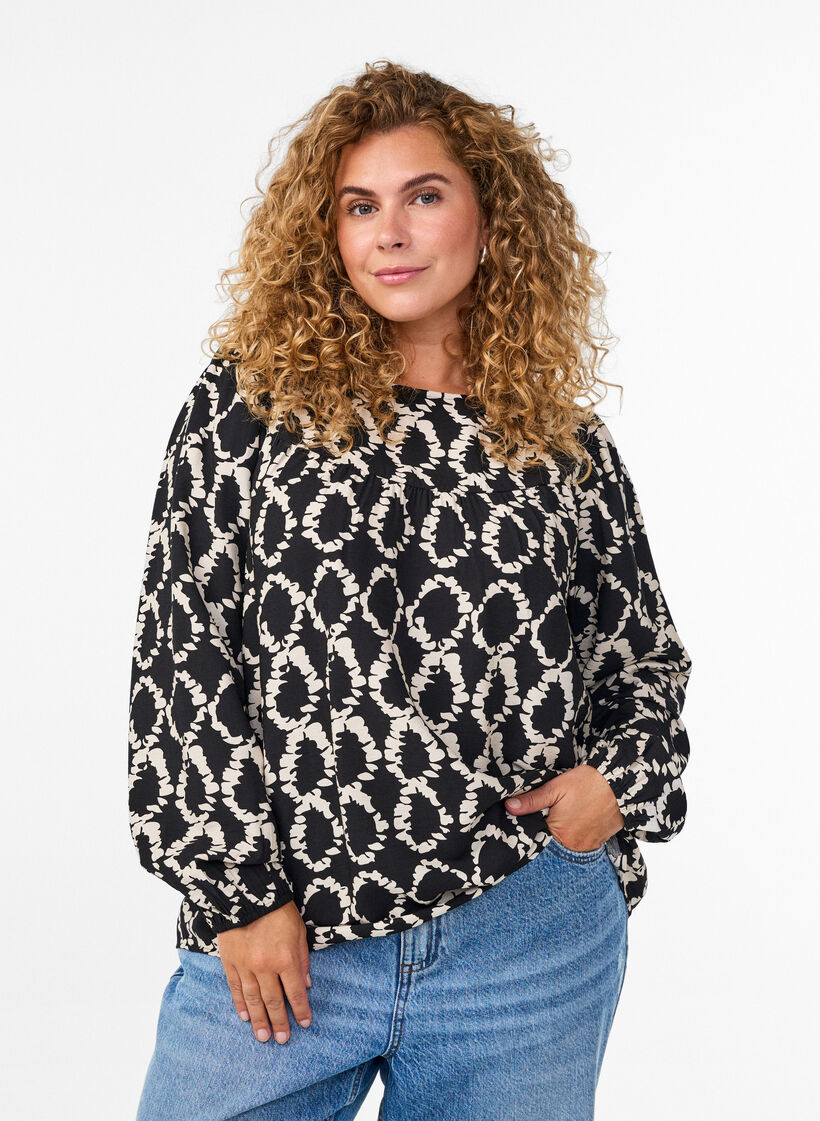 Long-sleeved blouse with print and bows, Black, Model image number 0