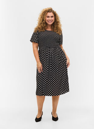 Printed viscose dress with smock, Black Dot, Model image number 2