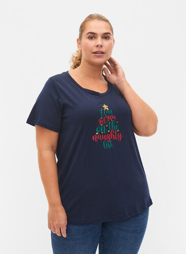 Christmas t-shirt in cotton, Navy Blazer Text, Model image number 0