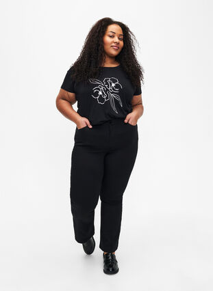 Cotton T-shirt with a motif, Black w. Flower, Model image number 2