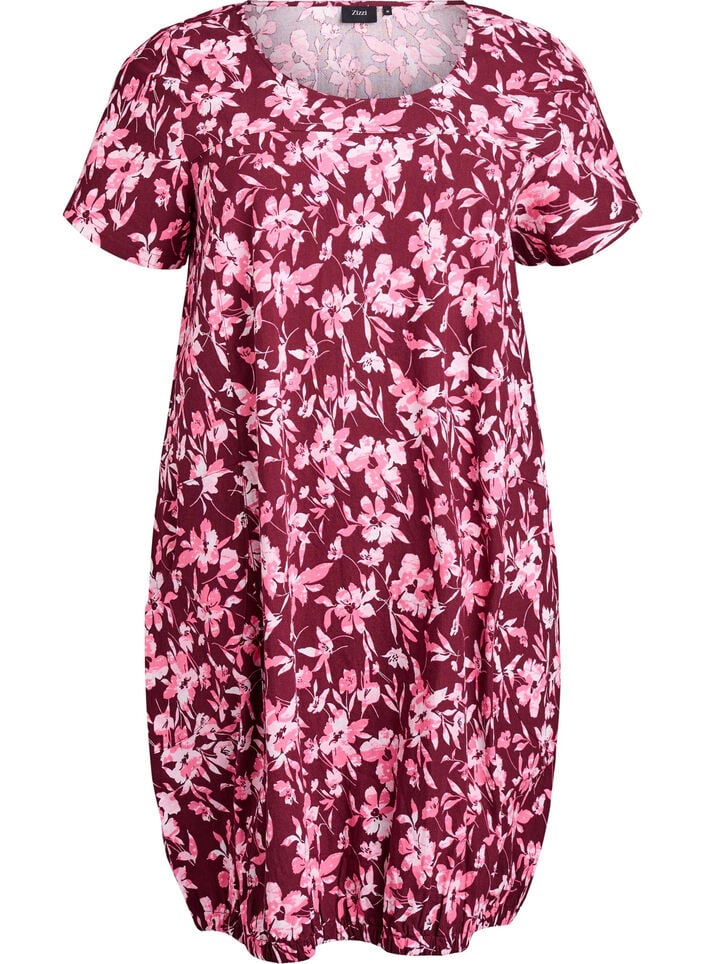 Short-sleeved, printed cotton dress, Dark Bordeaux, Packshot image number 0