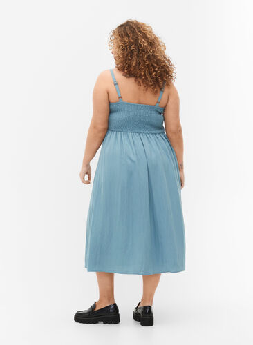 Plain coloured viscose strap dress with smock, Smoke Blue, Model image number 1