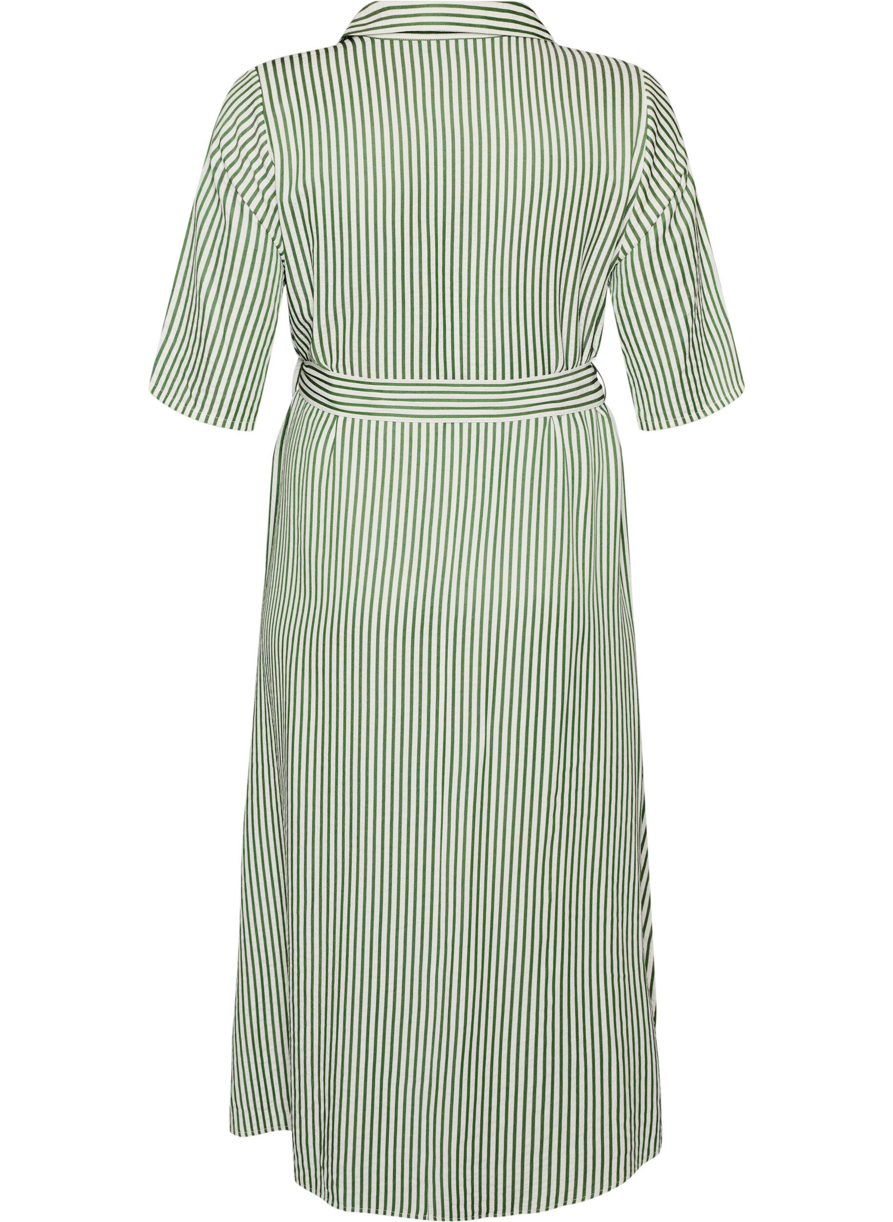 ZizzifashionAnkle-length shirt dress with tie belt and stripes, Green, Packshot image number 1