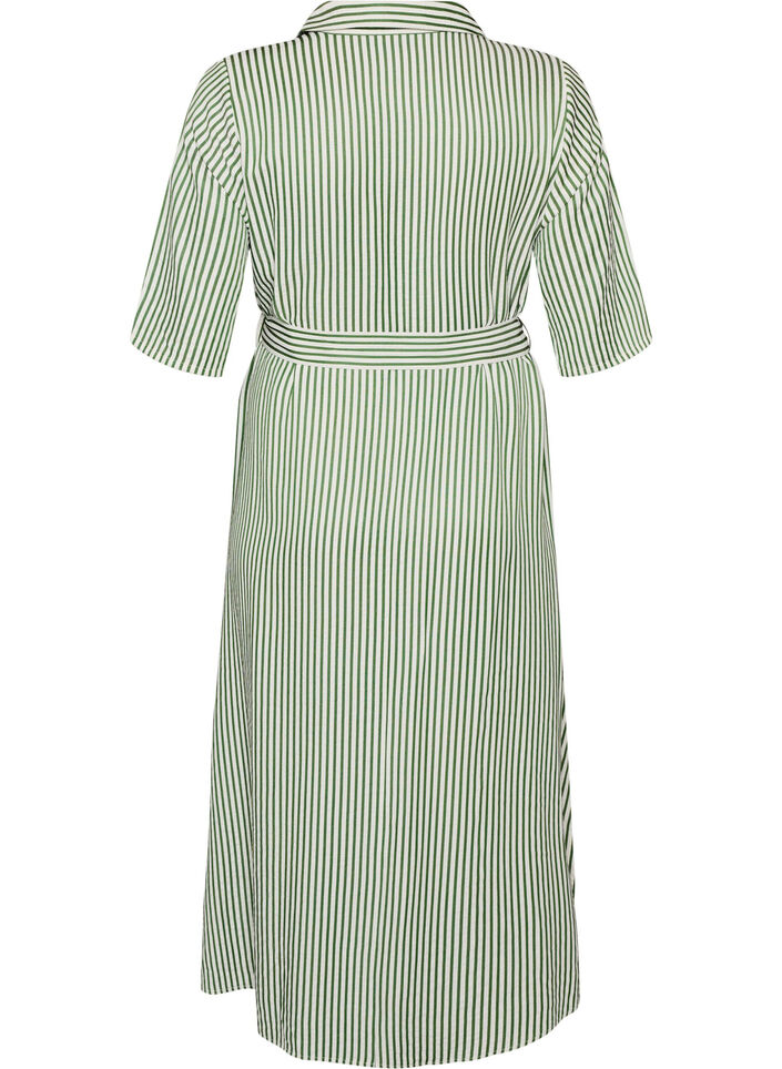 Ankle-length shirt dress with tie belt and stripes, Green, Packshot image number 1