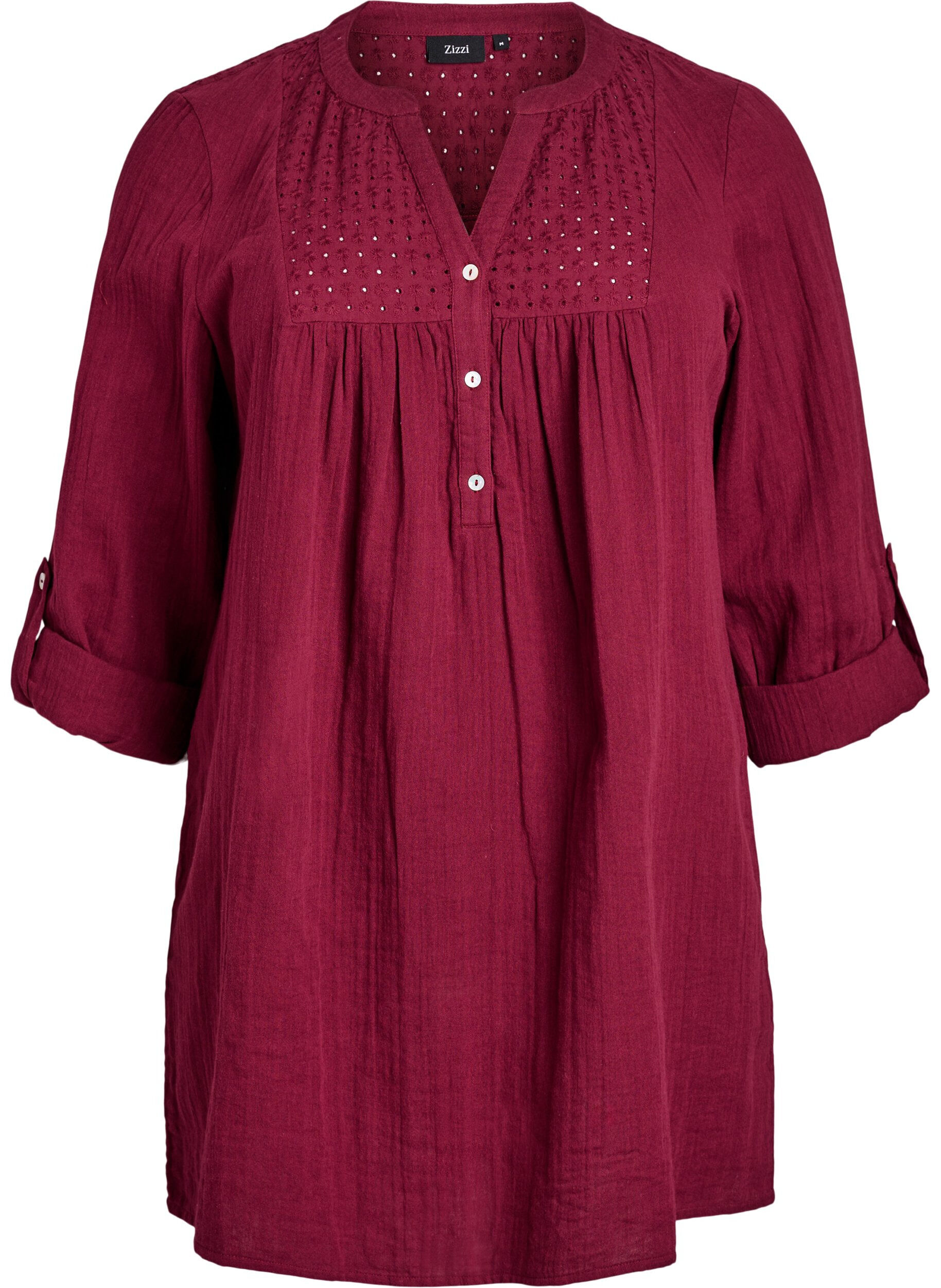 Zizzifashion Cotton muslin tunic with broderie anglaise, Dark Bordeaux, Packshot image number 0
