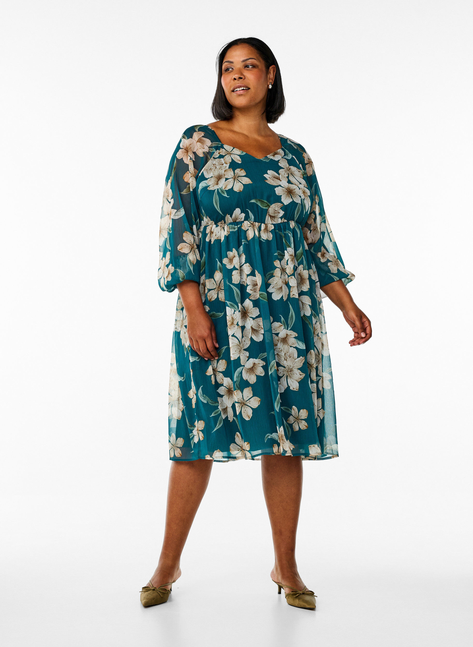 ZizzifashionChiffon party dress with long sleeves, Green, Model image number 1