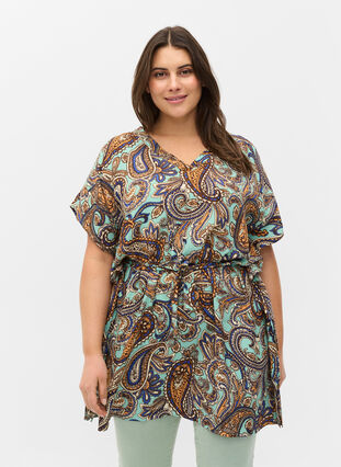 Printed viscose tunic with short sleeves and tie-string, Dusty Jade Green AOP, Model image number 0