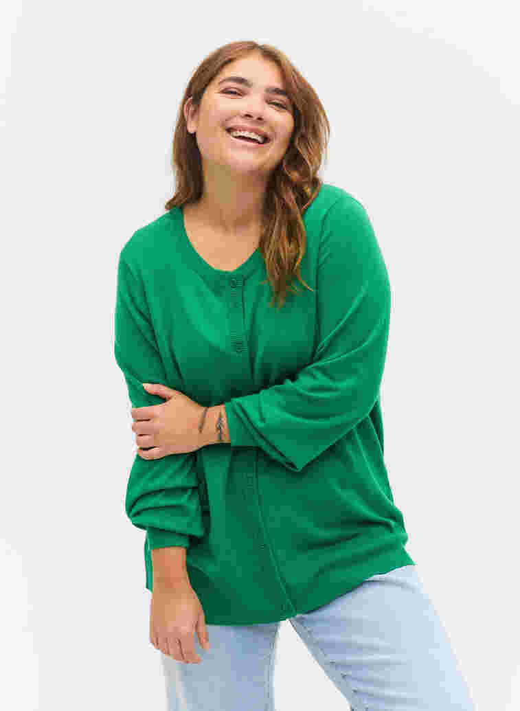 Knitted cardigan with buttons in viscose mix, Jolly Green, Model