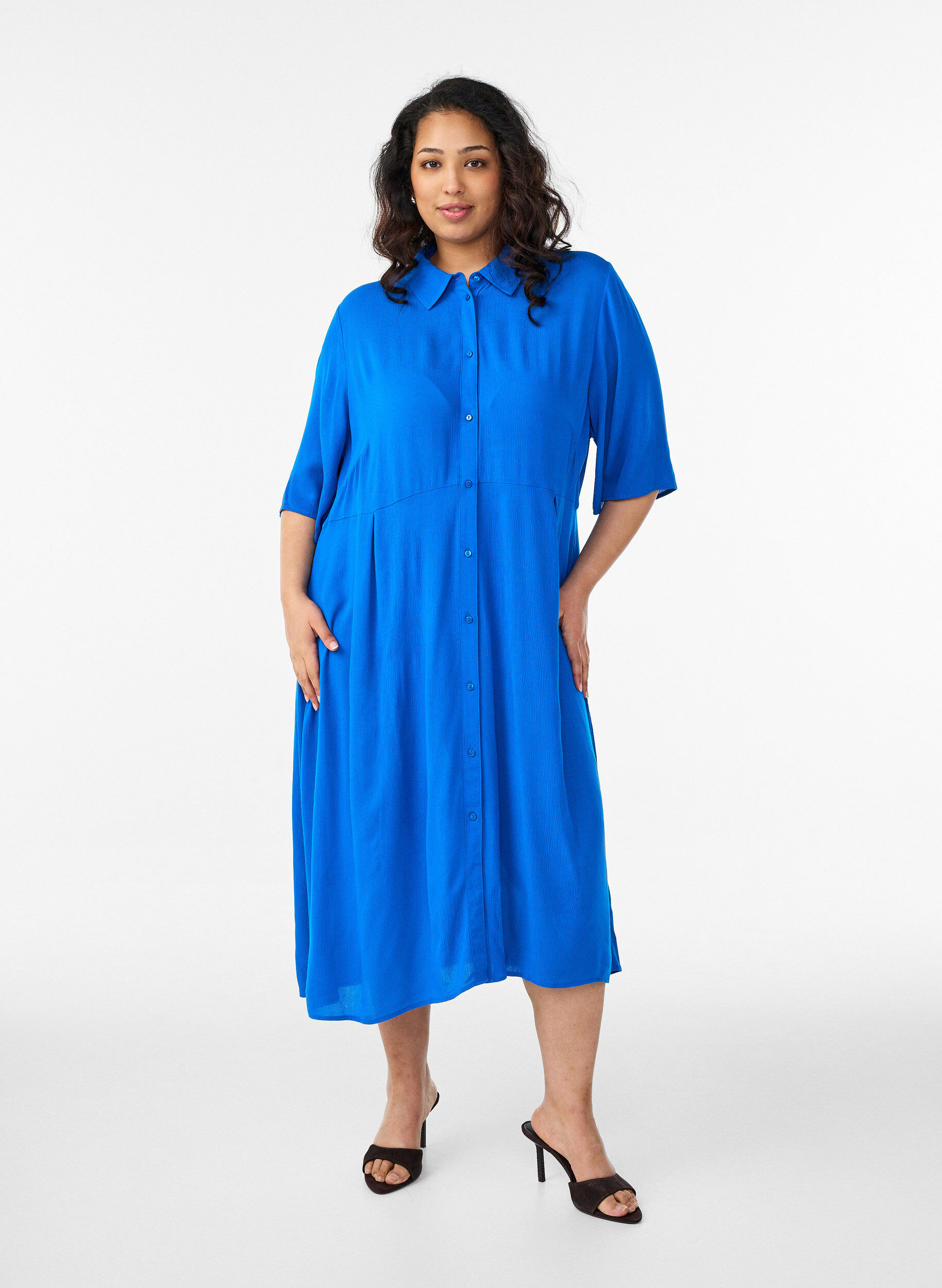 ZizzifashionMidi shirt dress with short sleeves, Blue, Model image number 0