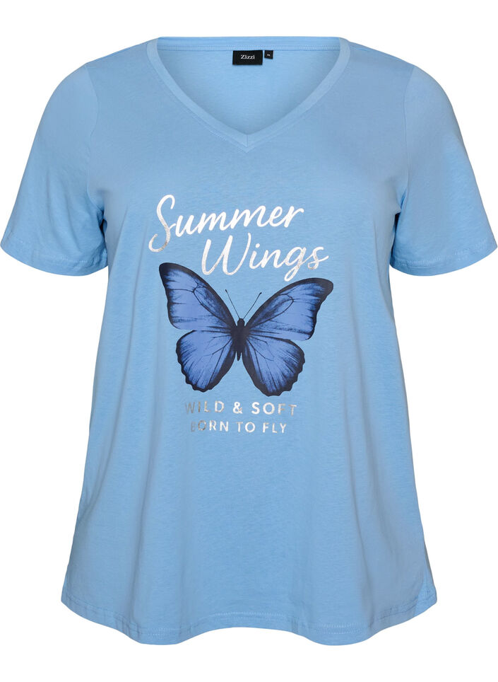 Cotton T-shirt with front print and V-neck, 0698, Packshot image number 0