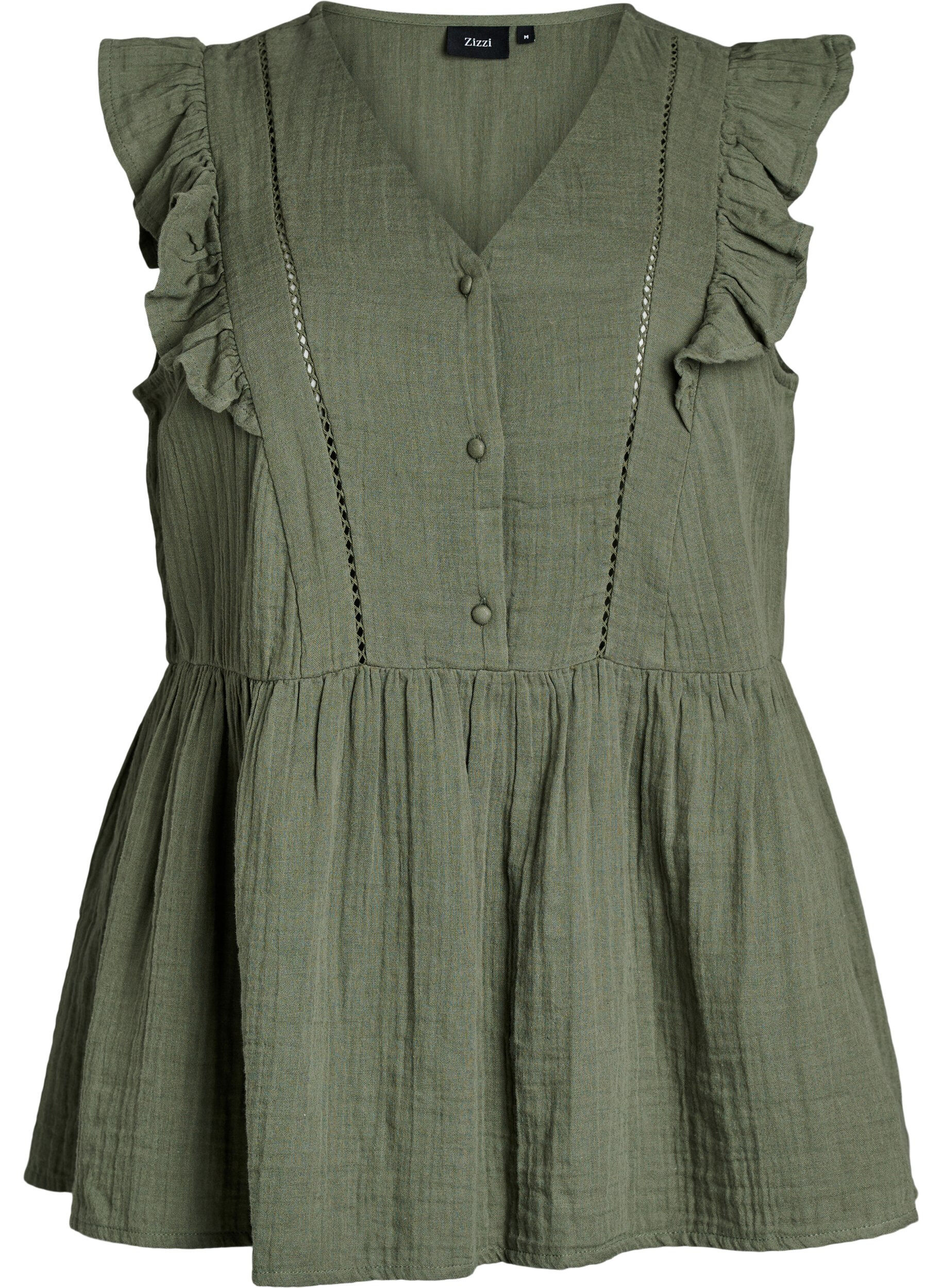 ZizzifashionSleeveless cotton muslin blouse with ruffles, Green, Packshot image number 0