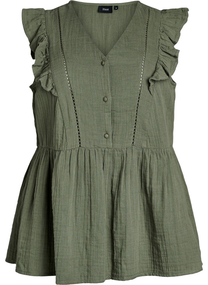 Sleeveless cotton muslin blouse with ruffles, Green, Packshot image number 0
