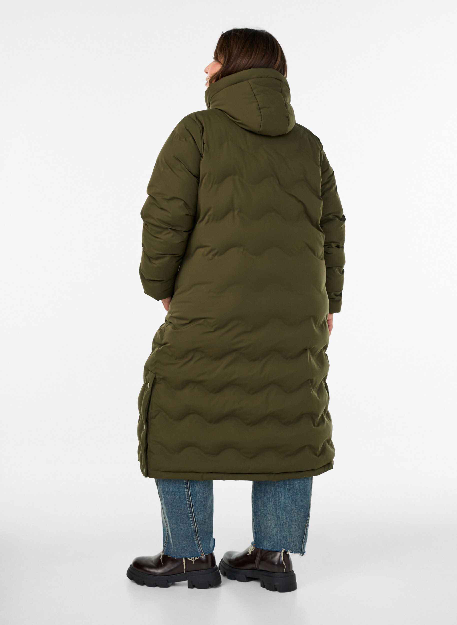 ZizzifashionLong hooded puffer jacket with a wave pattern, Green, Model image number 2