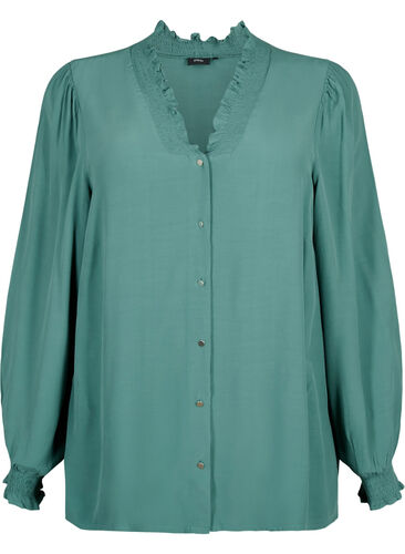 Long-sleeved shirt blouse in viscose, Sea Pine, Packshot image number 0