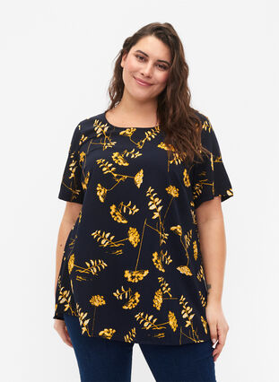 FLASH - Blouse with short sleeves and print, Night Sky Yellow AOP, Model image number 0